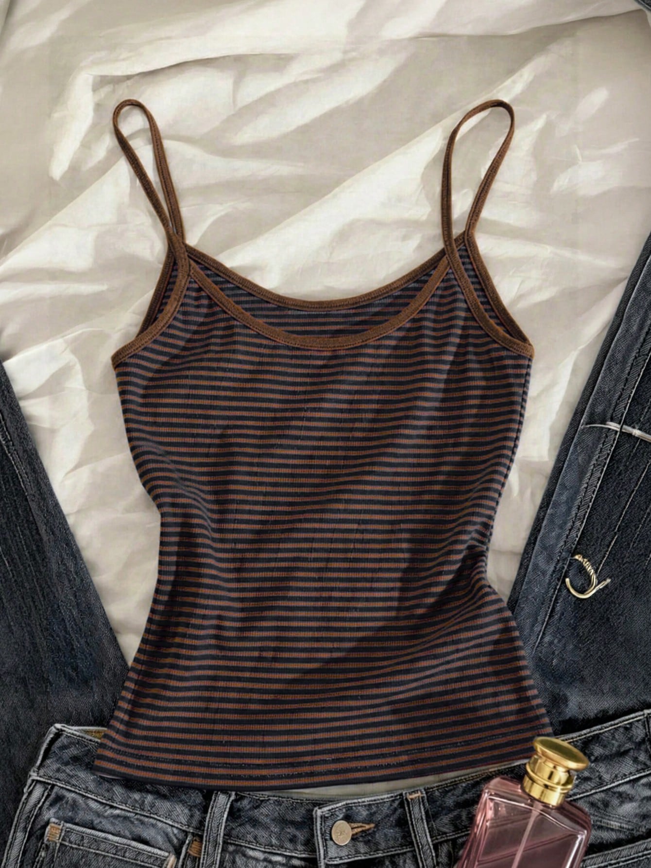 IslaSuriya Women's Brown And Blue Striped Camisole, Fashionable And Minimalist Summer Vacation Style