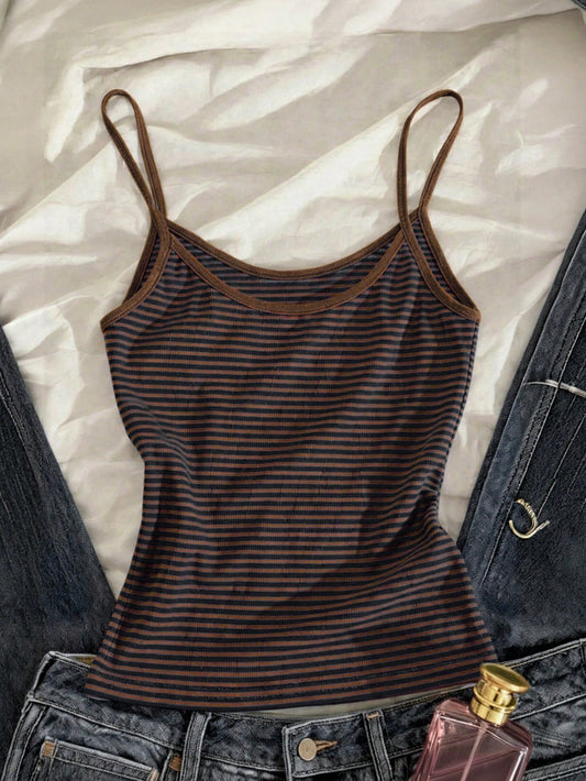 IslaSuriya Women's Brown And Blue Striped Camisole, Fashionable And Minimalist Summer Vacation Style