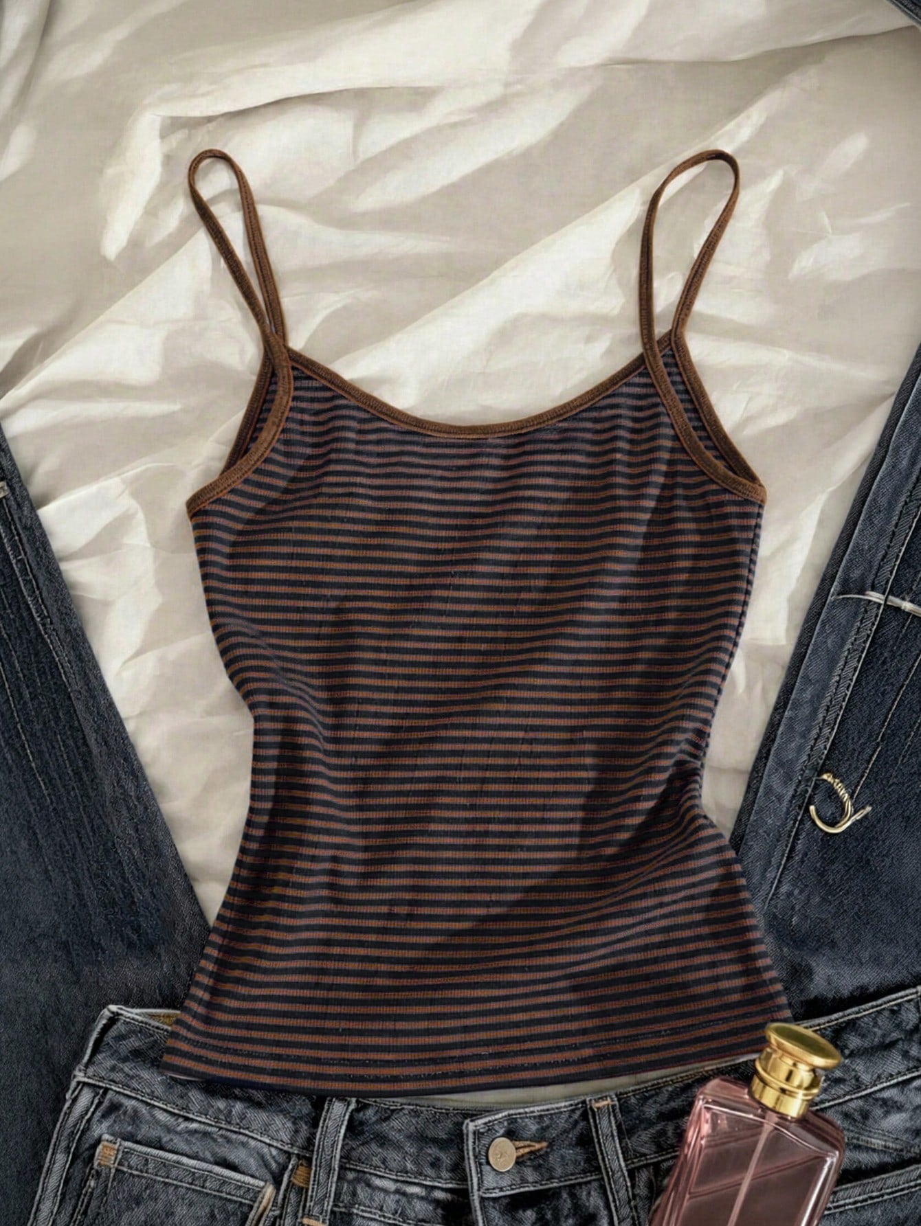 IslaSuriya Women's Brown And Blue Striped Camisole, Fashionable And Minimalist Summer Vacation Style