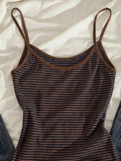 IslaSuriya Women's Brown And Blue Striped Camisole, Fashionable And Minimalist Summer Vacation Style