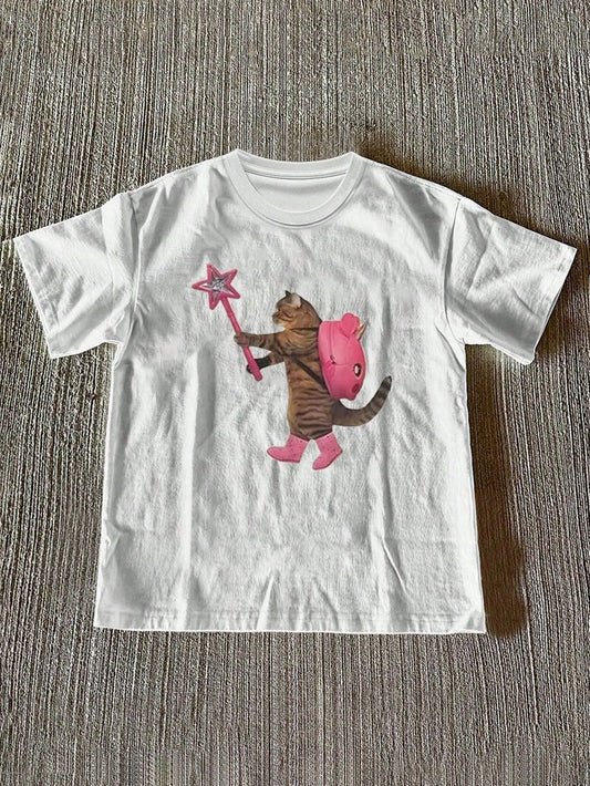 IslaSuriya Women's Cat Print Round Neck Short Sleeve Casual T-Shirt