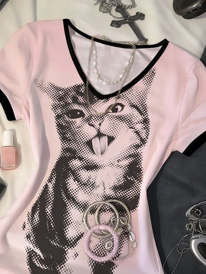 IslaSuriya Women's Cat Print V-Neck Short Sleeve Casual Versatile T-Shirt