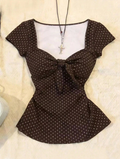 IslaSuriya Women's Polka Dot Pleated Fashion Versatile Casual Daily T-Shirt