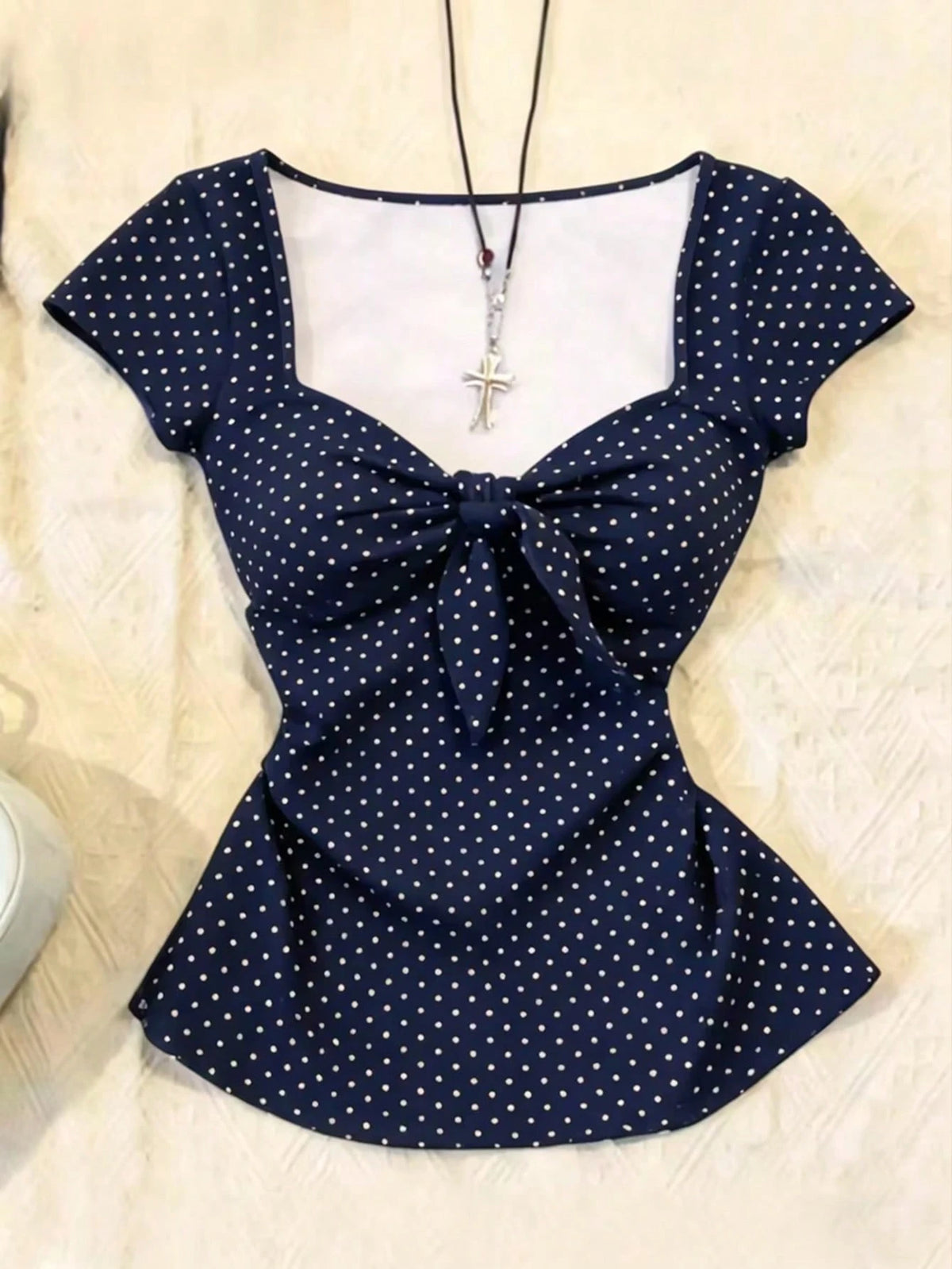 IslaSuriya Women's Polka Dot Pleated Fashion Versatile Casual Daily T-Shirt