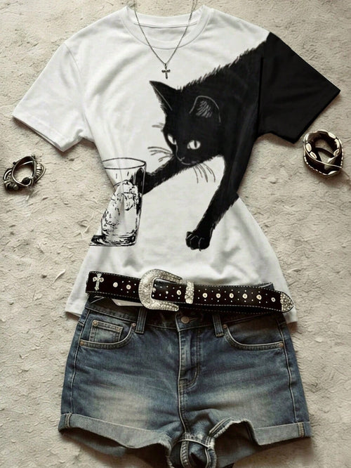 IslaSuriya Women's Round Neck Cat Print Casual Versatile Daily Wear Short Sleeve T-Shirt