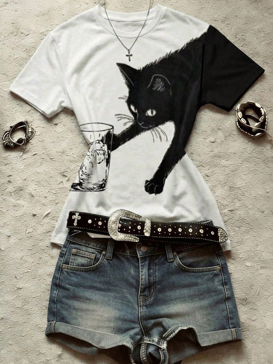 IslaSuriya Women's Round Neck Cat Print Casual Versatile Daily Wear Short Sleeve T-Shirt