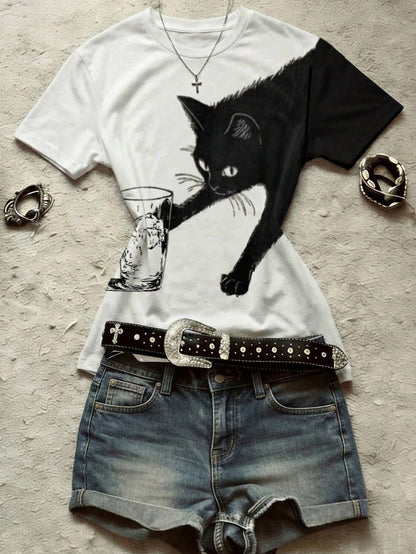 IslaSuriya Women's Round Neck Cat Print Casual Versatile Daily Wear Short Sleeve T-Shirt