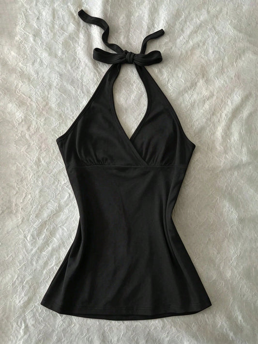 IslaSuriya Women's Solid Black Halter Neck Tie Waist Fashion Tank Top