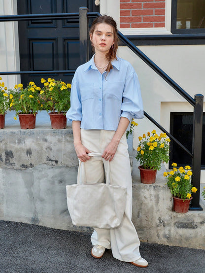 Jouncy Women's Solid Color Front Button Pocket Loose Short Long Sleeve Shirt