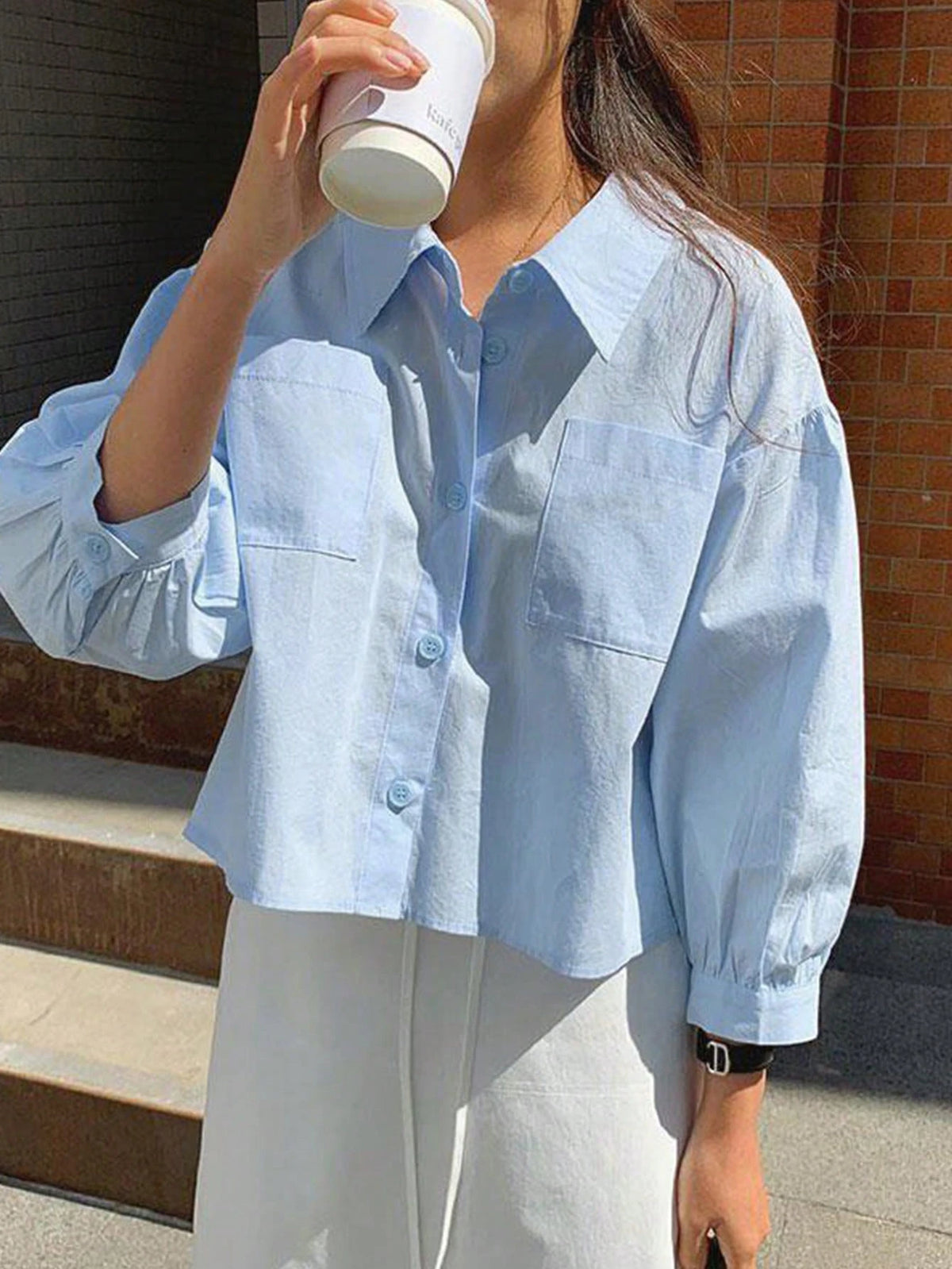Jouncy Women's Solid Color Front Button Pocket Loose Short Long Sleeve Shirt