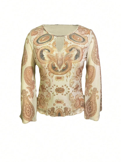 Keyhole Neckline Base Layer Shirt, Decorated With Paisley Pattern, Women's Vacation Wear, All Season Clothing, All Season Commute Summer