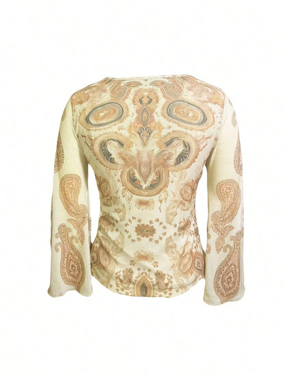 Keyhole Neckline Base Layer Shirt, Decorated With Paisley Pattern, Women's Vacation Wear, All Season Clothing, All Season Commute Summer
