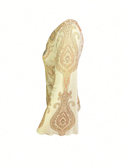 Keyhole Neckline Base Layer Shirt, Decorated With Paisley Pattern, Women's Vacation Wear, All Season Clothing, All Season Commute Summer