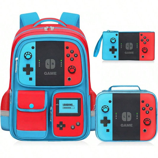 Kids Backpack For Boys- 3pcs Gamer Boys Backpack With Lunch Box Set For Elementary Middle School- Students Bag For Ages 6-18,17″ Video Game Bookbag Travel Back Pack