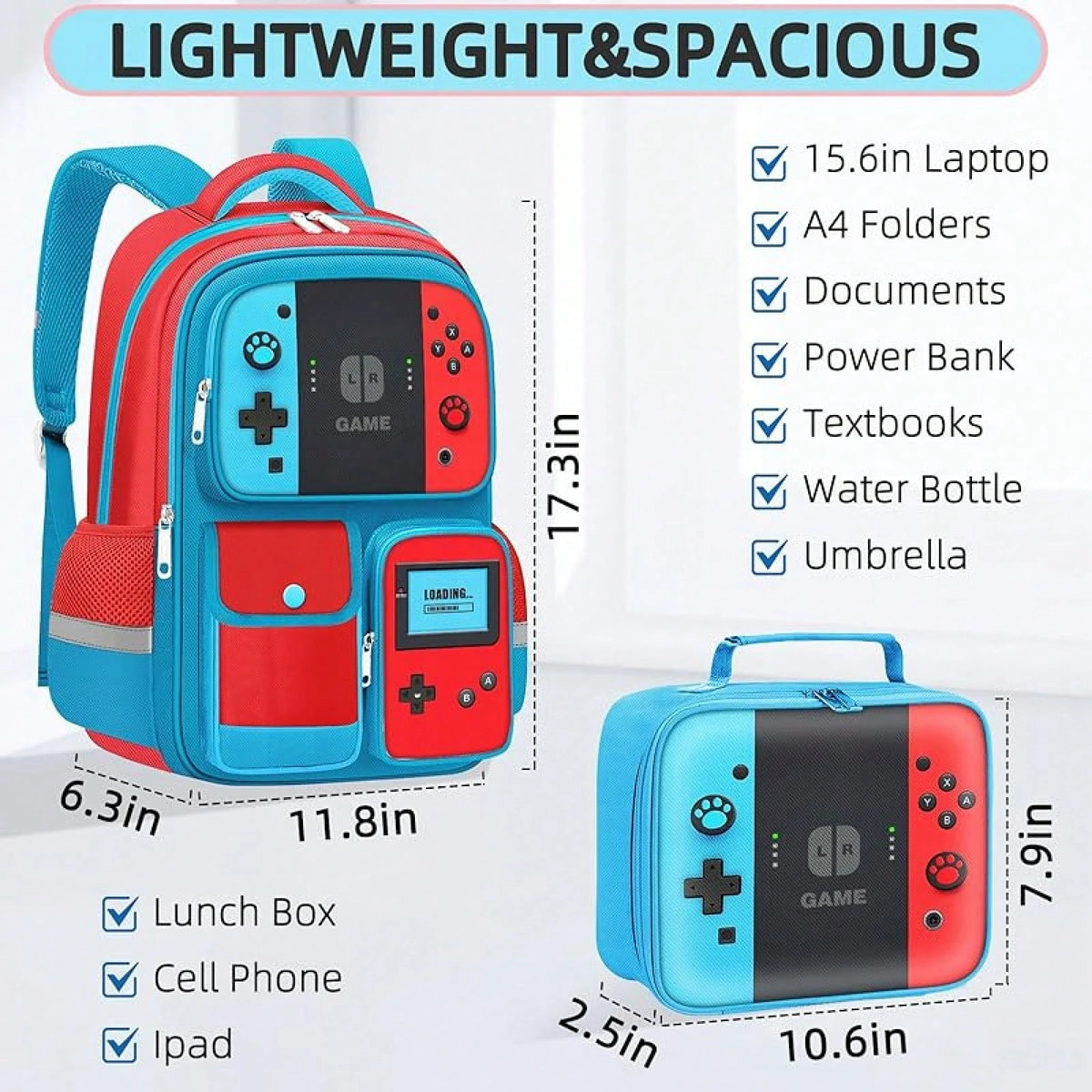 Kids Backpack For Boys- 3pcs Gamer Boys Backpack With Lunch Box Set For Elementary Middle School- Students Bag For Ages 6-18,17″ Video Game Bookbag Travel Back Pack