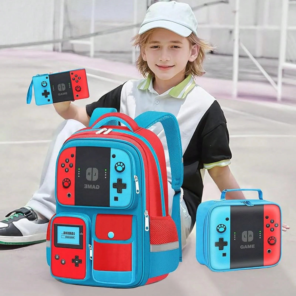 Kids Backpack For Boys- 3pcs Gamer Boys Backpack With Lunch Box Set For Elementary Middle School- Students Bag For Ages 6-18,17″ Video Game Bookbag Travel Back Pack