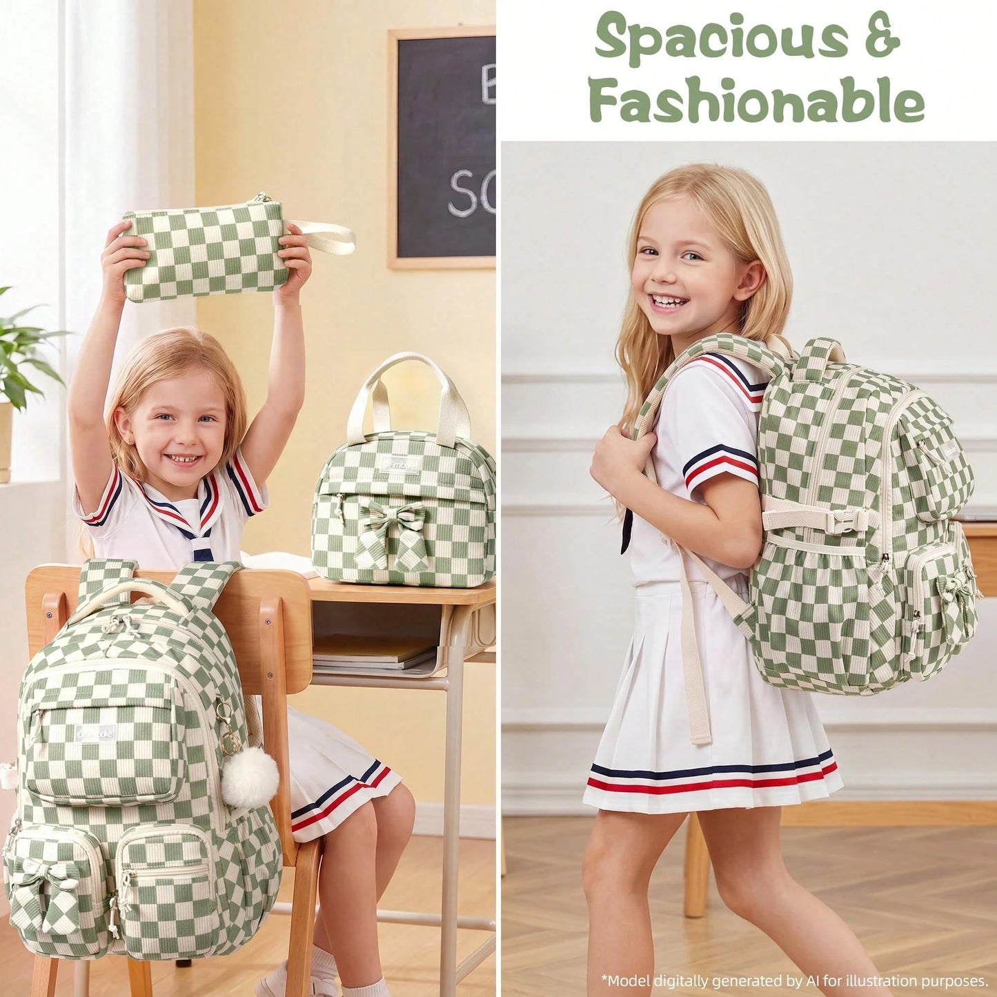 Kids Backpack For Girls, 3PCS Corduroy Backpack With Lunch Box & Pencil Pouch, Kids School Bags Bookbag For Back To School Laptop Bag Travel Daypack