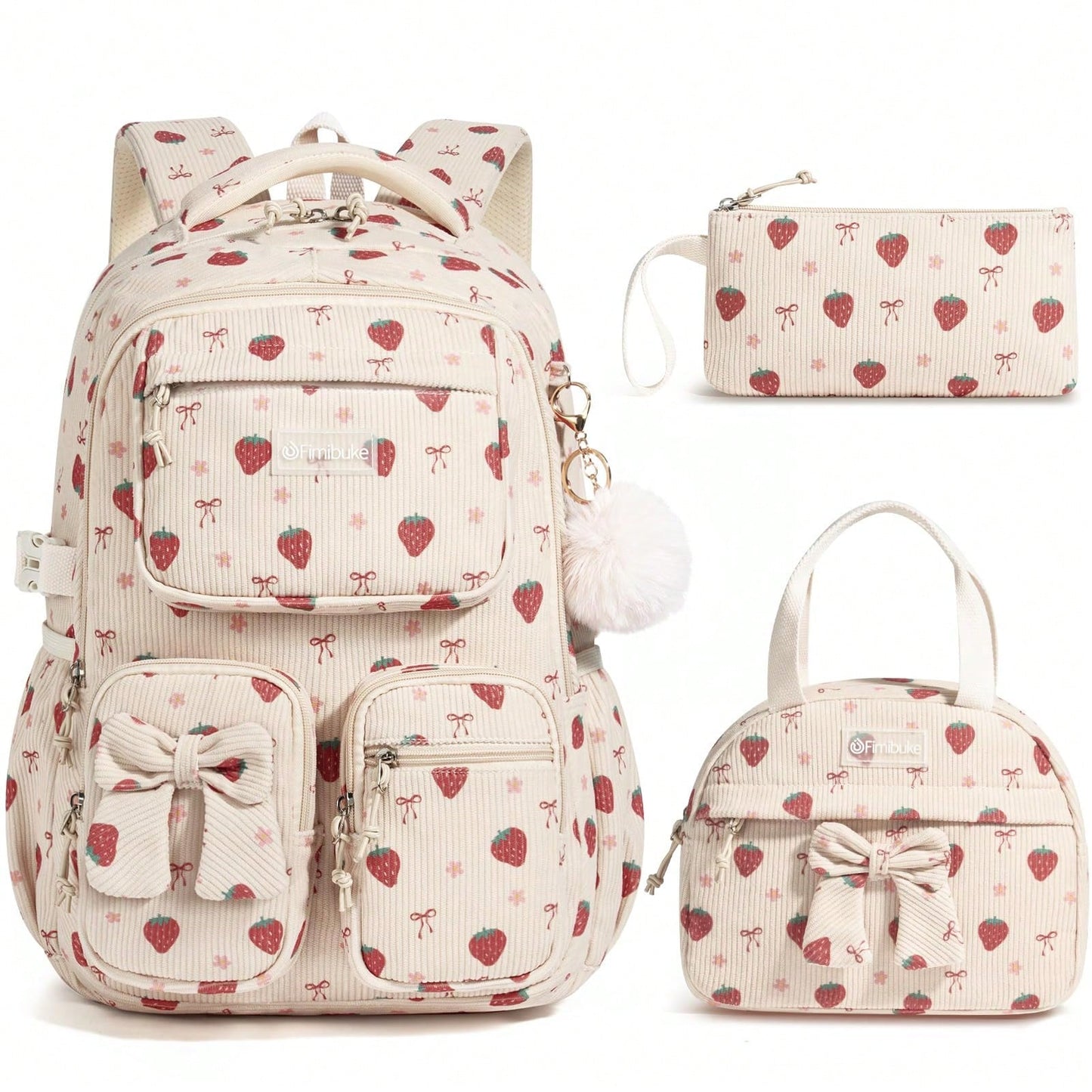 Kids Backpack For Girls, 3PCS Corduroy Backpack With Lunch Box & Pencil Pouch, Kids School Bags Bookbag For Back To School Laptop Bag Travel Daypack