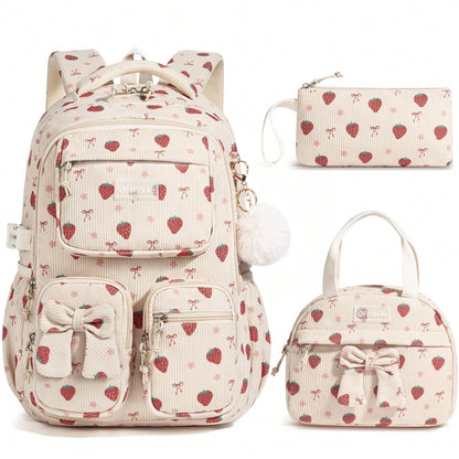 Kids Backpack For Girls, 3PCS Corduroy Backpack With Lunch Box & Pencil Pouch, Kids School Bags Bookbag For Back To School Laptop Bag Travel Daypack