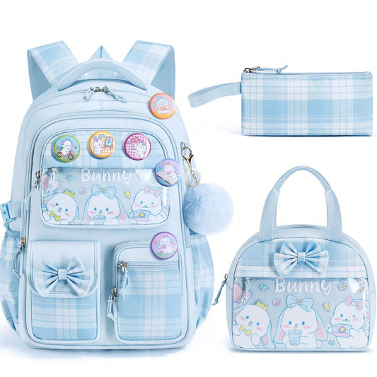 Kids Blue Bunny Backpack For Girls, 3PCS Waterproof Girls Backpack With Lunch Box Pencil Pouch, Cute Bow Backpacks School Book Bag For Back To School