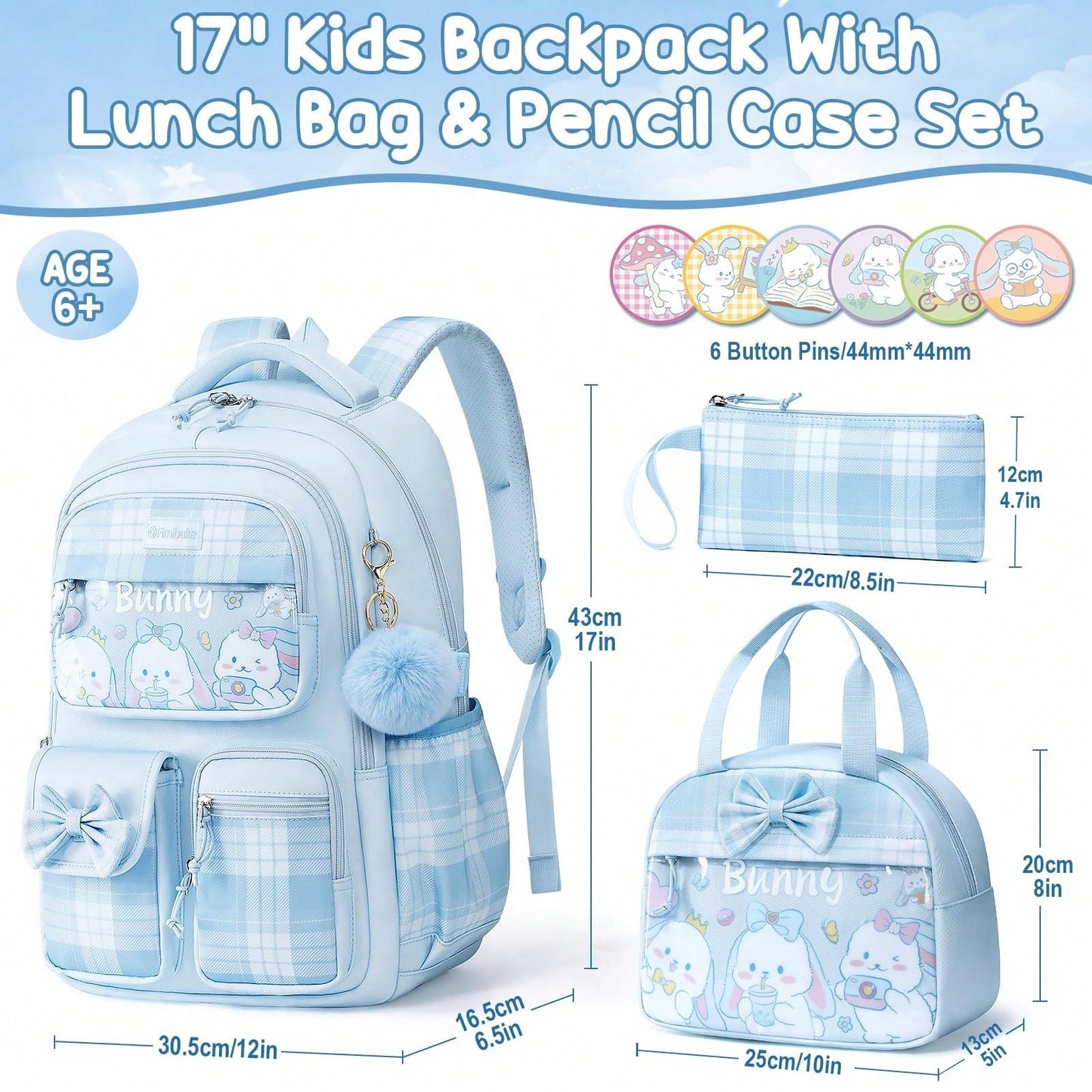 Kids Blue Bunny Backpack For Girls, 3PCS Waterproof Girls Backpack With Lunch Box Pencil Pouch, Cute Bow Backpacks School Book Bag For Back To School