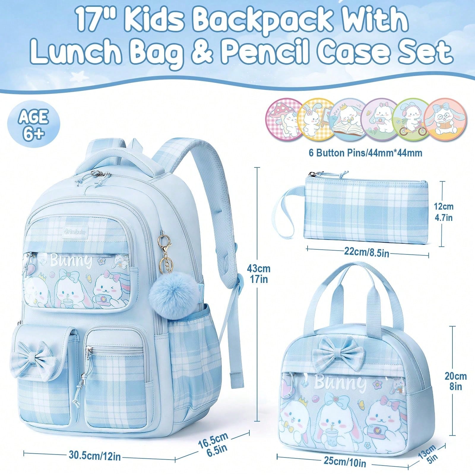 Kids Blue Bunny Backpack For Girls, 3PCS Waterproof Girls Backpack With Lunch Box Pencil Pouch, Cute Bow Backpacks School Book Bag For Back To School