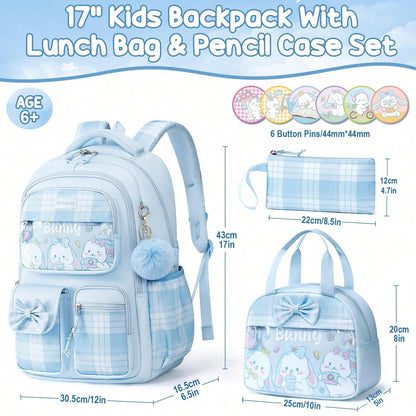 Kids Blue Bunny Backpack For Girls, 3PCS Waterproof Girls Backpack With Lunch Box Pencil Pouch, Cute Bow Backpacks School Book Bag For Back To School