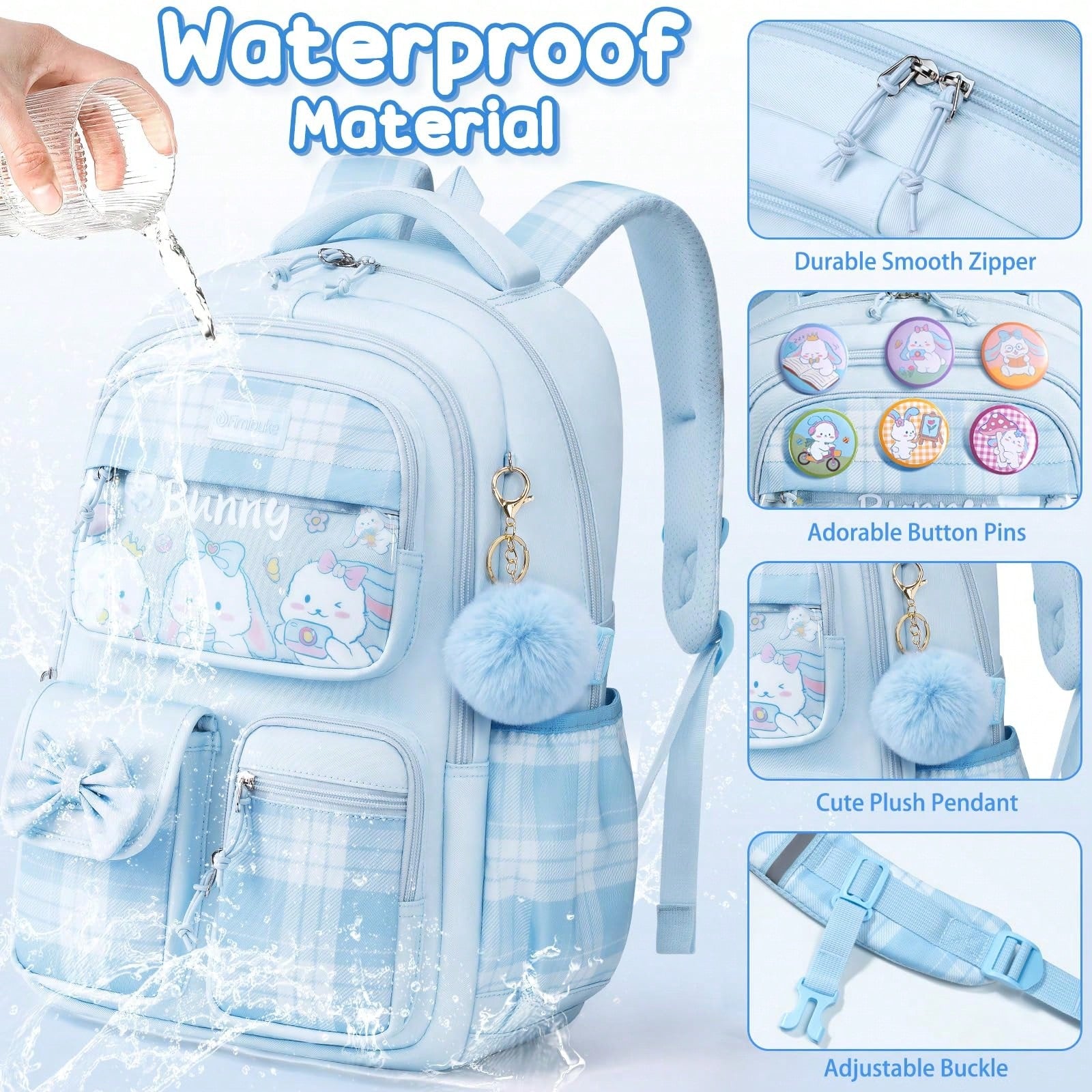 Kids Blue Bunny Backpack For Girls, 3PCS Waterproof Girls Backpack With Lunch Box Pencil Pouch, Cute Bow Backpacks School Book Bag For Back To School