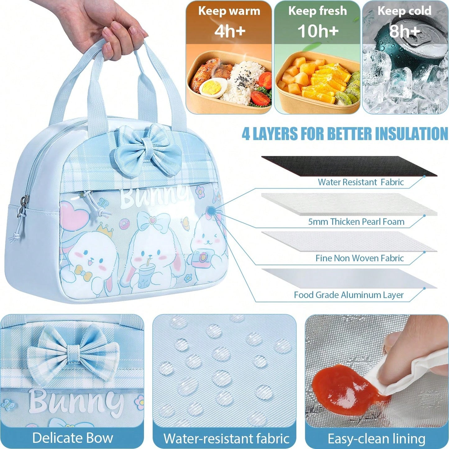 Kids Blue Bunny Backpack For Girls, 3PCS Waterproof Girls Backpack With Lunch Box Pencil Pouch, Cute Bow Backpacks School Book Bag For Back To School