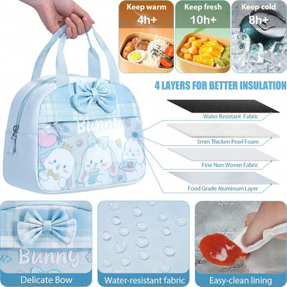 Kids Blue Bunny Backpack For Girls, 3PCS Waterproof Girls Backpack With Lunch Box Pencil Pouch, Cute Bow Backpacks School Book Bag For Back To School