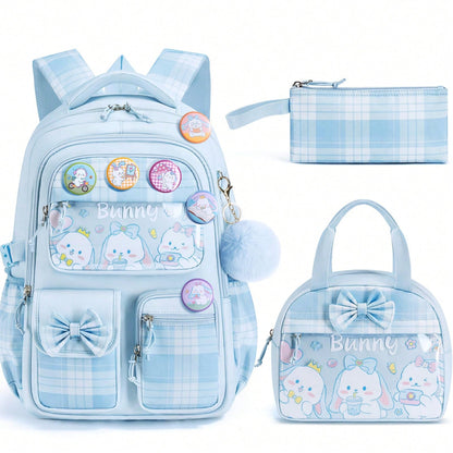 Kids Blue Bunny Backpack For Girls, 3PCS Waterproof Girls Backpack With Lunch Box Pencil Pouch, Cute Bow Backpacks School Book Bag For Back To School