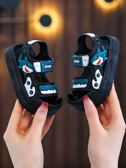Kids Cartoon Cute Shark Design Hook And Loop Soft Bottom Comfortable Versatile Beach Sandals, Summer