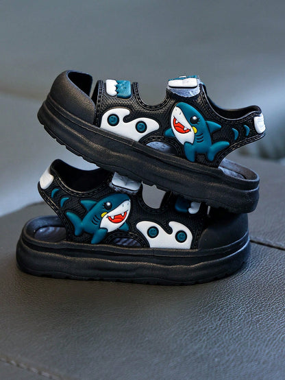 Kids Cartoon Cute Shark Design Hook And Loop Soft Bottom Comfortable Versatile Beach Sandals, Summer