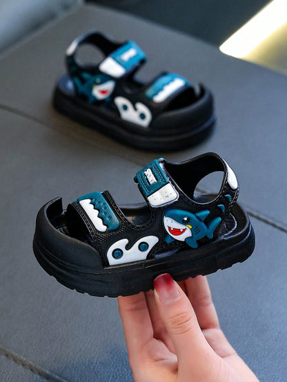 Kids Cartoon Cute Shark Design Hook And Loop Soft Bottom Comfortable Versatile Beach Sandals, Summer