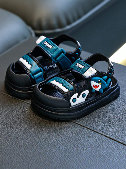 Kids Cartoon Cute Shark Design Hook And Loop Soft Bottom Comfortable Versatile Beach Sandals, Summer