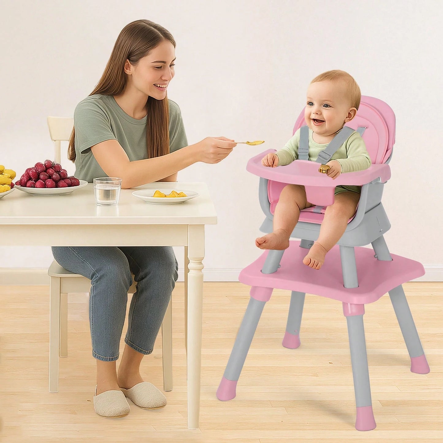 Kinder King 8 In 1 Baby High Chair, Coverts To Dining Booster Seat/Kids Table & Chair Set/Toddler Building Block Table/Mini Stool, Removable Tray & Double Seat Cover, Easy To Wipe, Christmas Gift, Pin