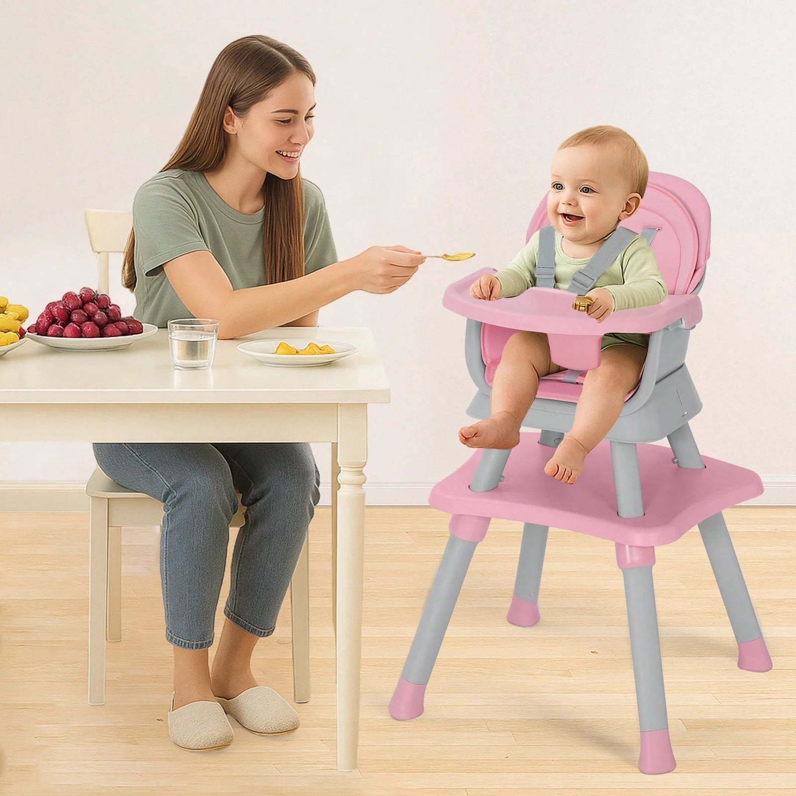 Kinder King 8 In 1 Baby High Chair, Coverts To Dining Booster Seat/Kids Table & Chair Set/Toddler Building Block Table/Mini Stool, Removable Tray & Double Seat Cover, Easy To Wipe, Christmas Gift, Pin