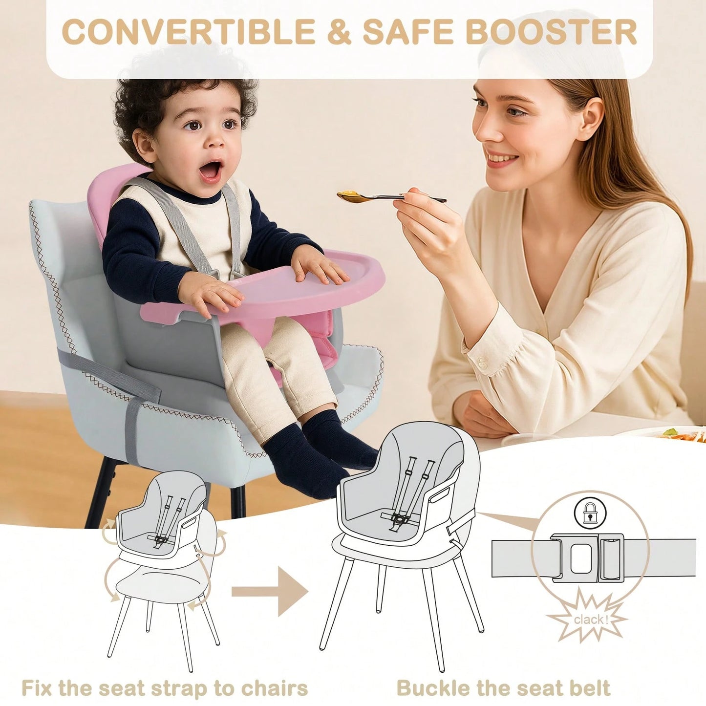 Kinder King 8 In 1 Baby High Chair, Coverts To Dining Booster Seat/Kids Table & Chair Set/Toddler Building Block Table/Mini Stool, Removable Tray & Double Seat Cover, Easy To Wipe, Christmas Gift, Pin