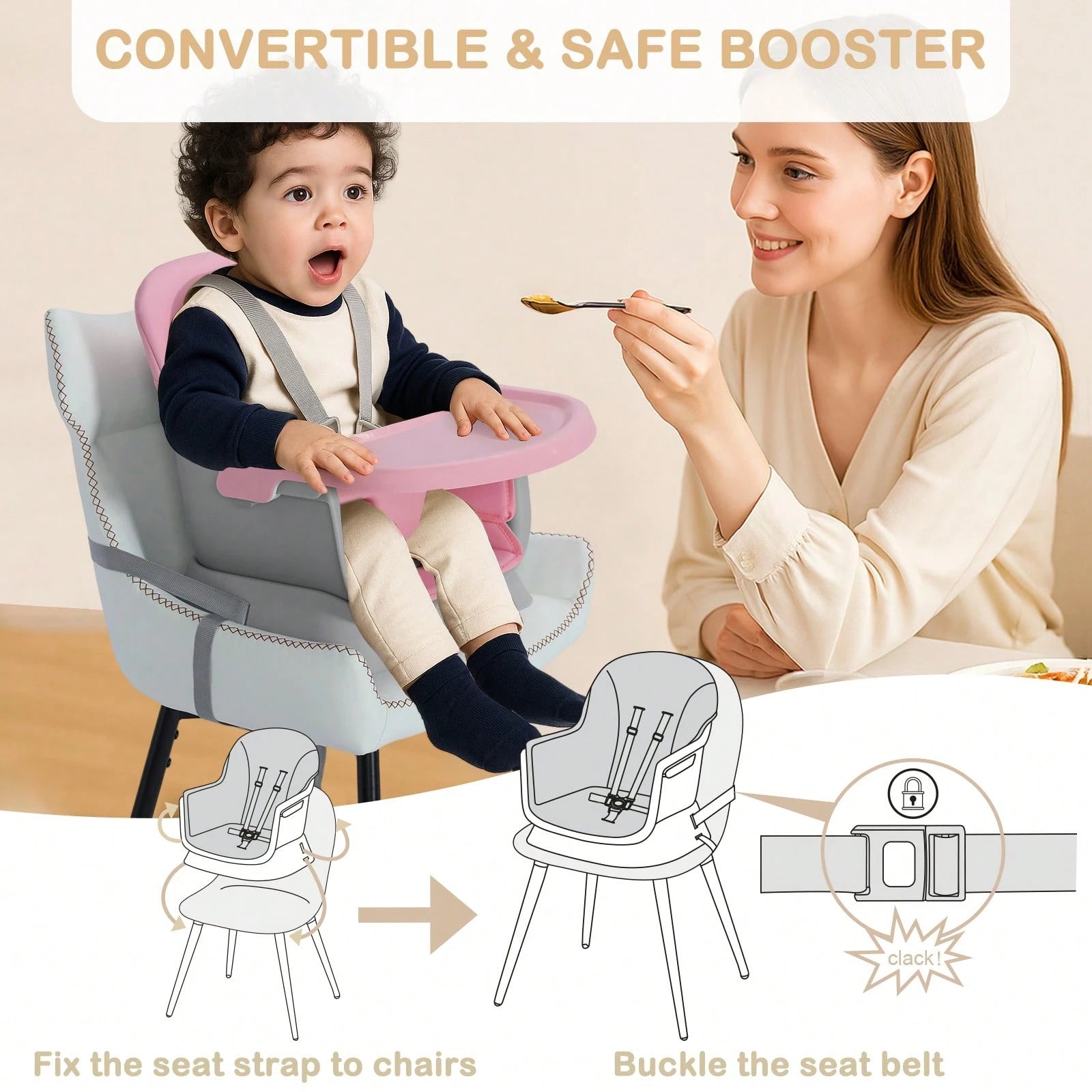 Kinder King 8 In 1 Baby High Chair, Coverts To Dining Booster Seat/Kids Table & Chair Set/Toddler Building Block Table/Mini Stool, Removable Tray & Double Seat Cover, Easy To Wipe, Christmas Gift, Pin