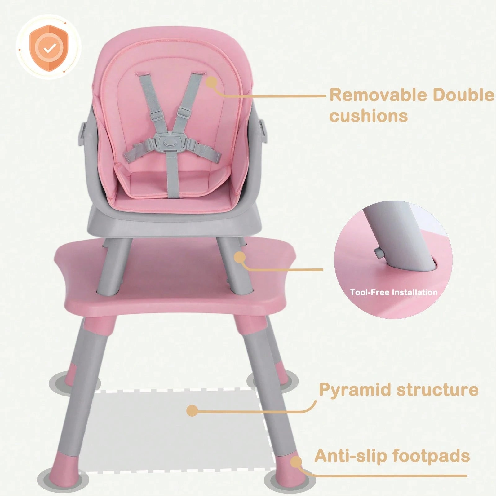 Kinder King 8 In 1 Baby High Chair, Coverts To Dining Booster Seat/Kids Table & Chair Set/Toddler Building Block Table/Mini Stool, Removable Tray & Double Seat Cover, Easy To Wipe, Christmas Gift, Pin