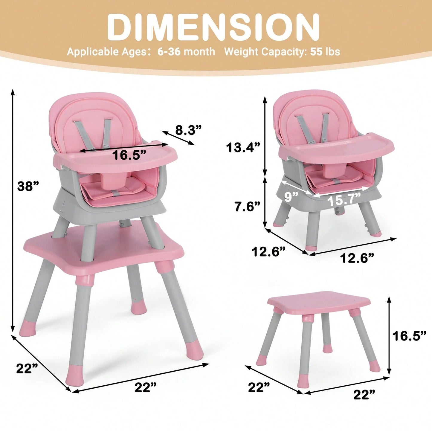 Kinder King 8 In 1 Baby High Chair, Coverts To Dining Booster Seat/Kids Table & Chair Set/Toddler Building Block Table/Mini Stool, Removable Tray & Double Seat Cover, Easy To Wipe, Christmas Gift, Pin