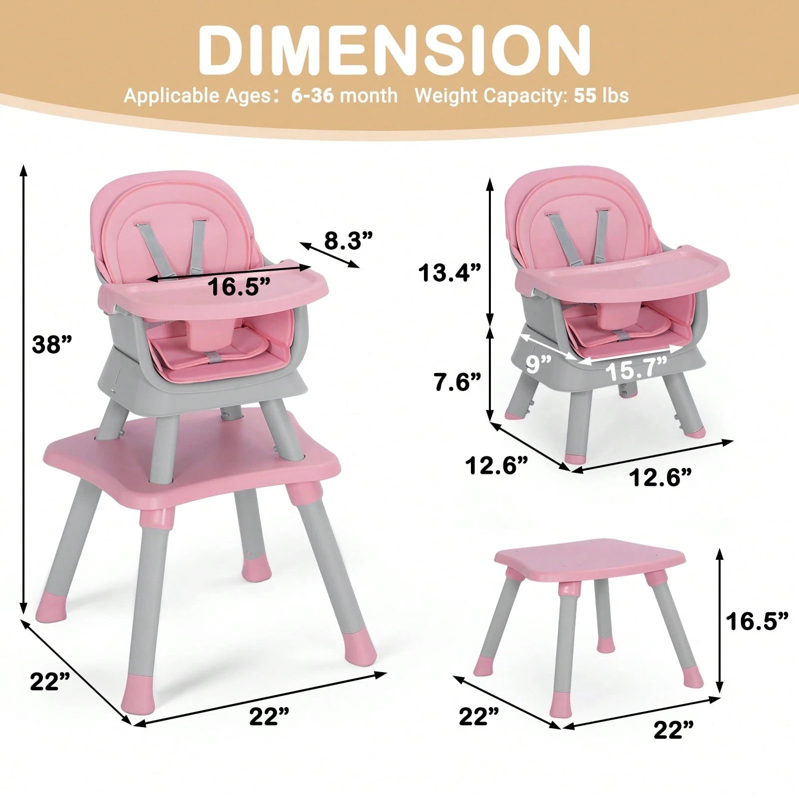 Kinder King 8 In 1 Baby High Chair, Coverts To Dining Booster Seat/Kids Table & Chair Set/Toddler Building Block Table/Mini Stool, Removable Tray & Double Seat Cover, Easy To Wipe, Christmas Gift, Pin