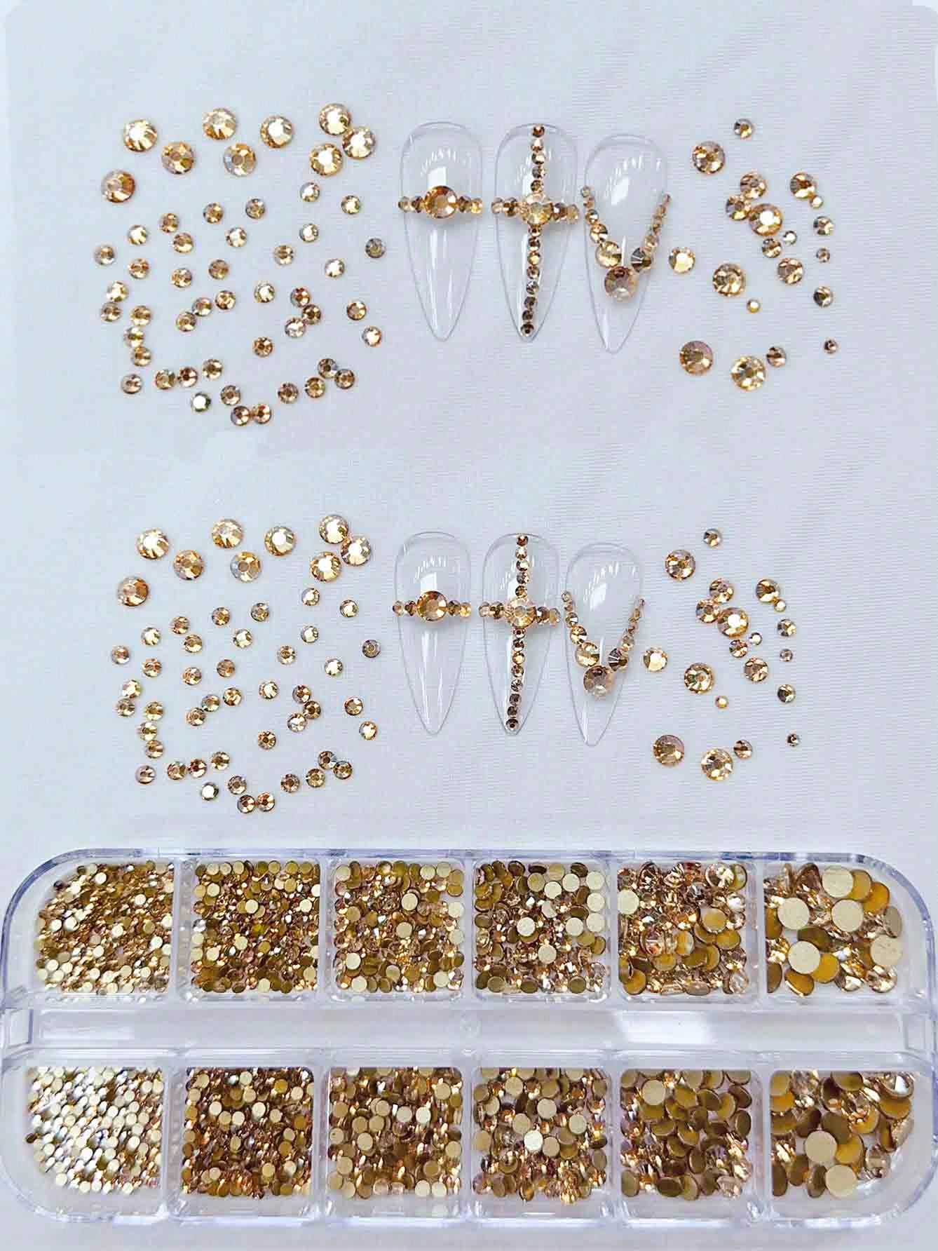 KIRAME 12-Compartment/Box Champagne Color Flat Rhinestone Nail Art Decoration Set, DIY Nail Jewelry, Nail Gems, Nail Salon, Nail Supplies, Halloween, Christmas, Holiday Gift Nail Charms