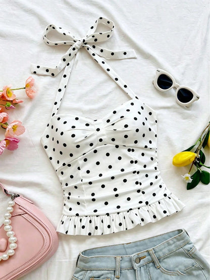 Kliou Summer Polka Dot Print Tank Top Women Spaghetti Strap Low-Neck Bandage Ruffles Backless Sleeveless Skinny Clubwear Basic Top Casual White