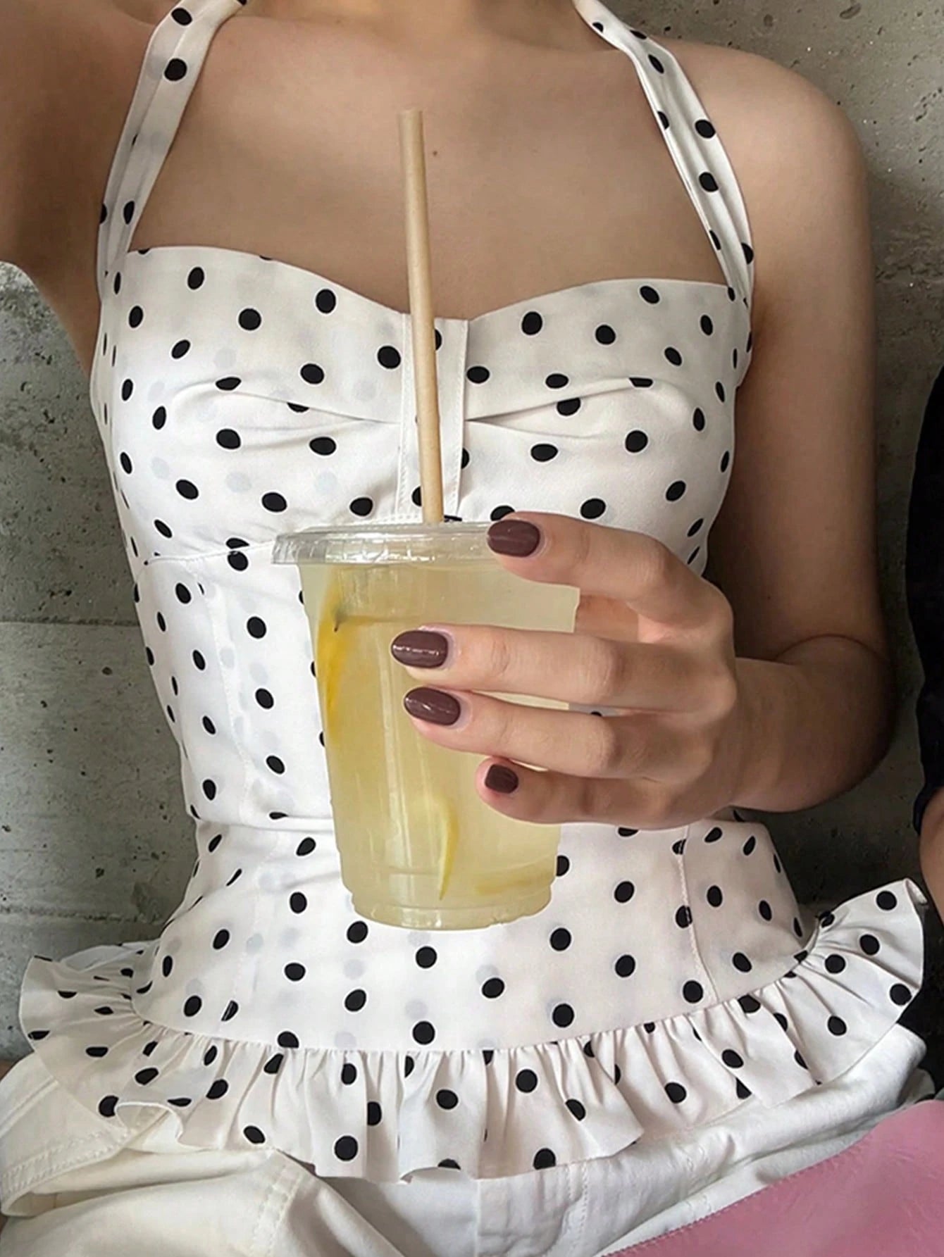 Kliou Summer Polka Dot Print Tank Top Women Spaghetti Strap Low-Neck Bandage Ruffles Backless Sleeveless Skinny Clubwear Basic Top Casual White