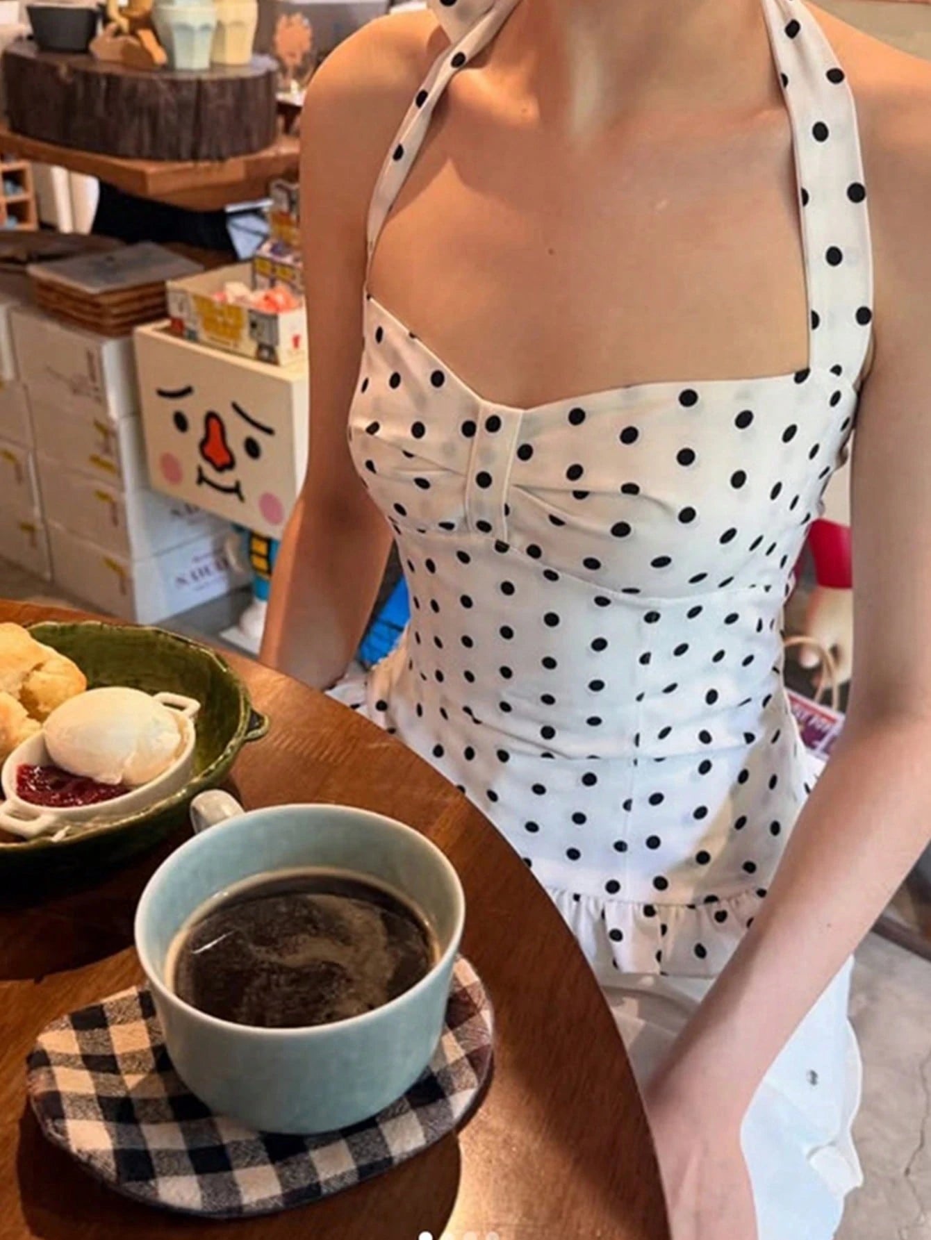 Kliou Summer Polka Dot Print Tank Top Women Spaghetti Strap Low-Neck Bandage Ruffles Backless Sleeveless Skinny Clubwear Basic Top Casual White