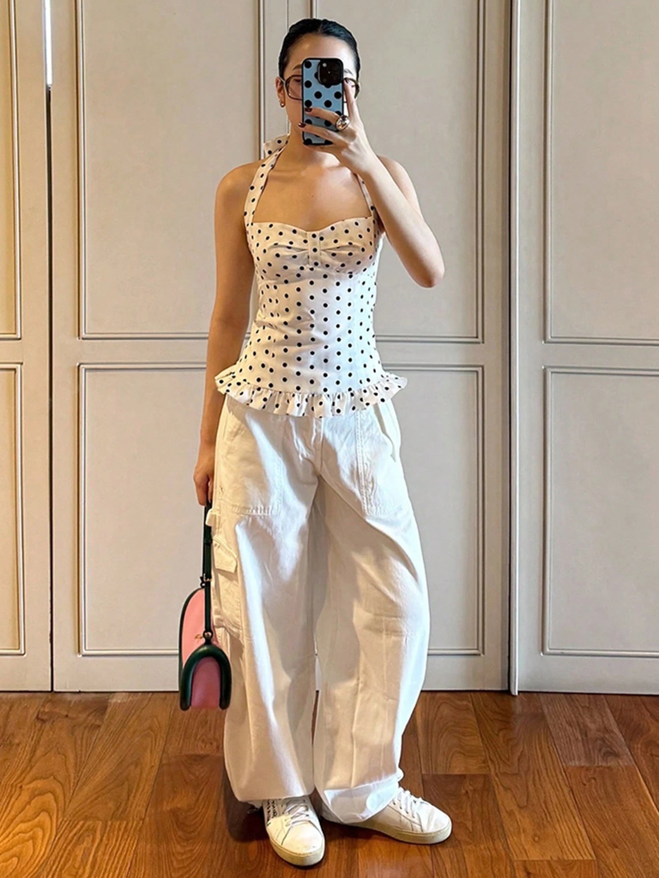 Kliou Summer Polka Dot Print Tank Top Women Spaghetti Strap Low-Neck Bandage Ruffles Backless Sleeveless Skinny Clubwear Basic Top Casual White