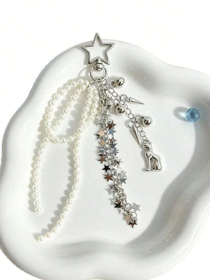 Korean INS Style Star Pearl Tassel Keychain, Glossy Luxury Versatile Bag Charm Accessory