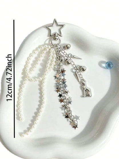 Korean INS Style Star Pearl Tassel Keychain, Glossy Luxury Versatile Bag Charm Accessory