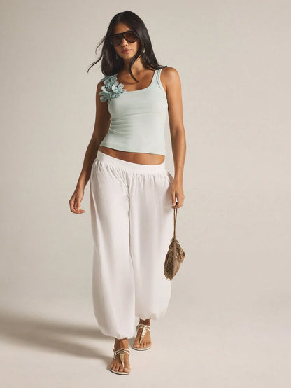 KSTM Sage Green Knit Tank Top With Delicate Floral Applique Detail Square Neckline Sleeveless Summer Fashion